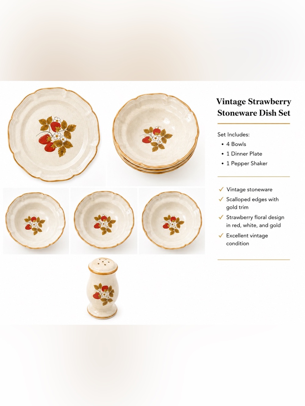 Strawberry Motif Stoneware Dinnerware Set in Cream with Red & Gold